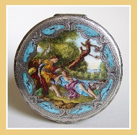 ZELDZAME ANTIEKE ZILVEREN EN EMAIL POEDERDOOS.