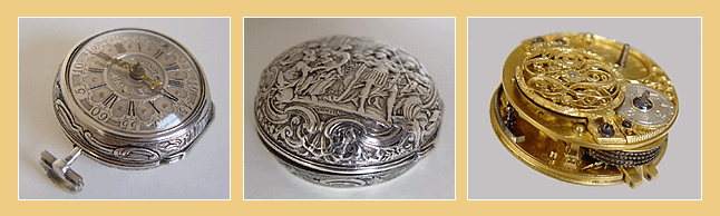 Antiek Zilveren Spillegang Horloge met Dubbele Kast.Champlevé Wijzerplaat en Gedreven ( Repoussé ) Kast.John Wilter  -  London  -  ca.1730 / 1740.