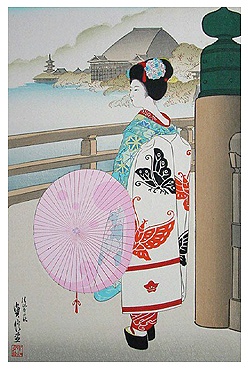 ORIGINELE KLEUREN HOUTSNEDE GEISHA (HERFST) - HASEGAWA -