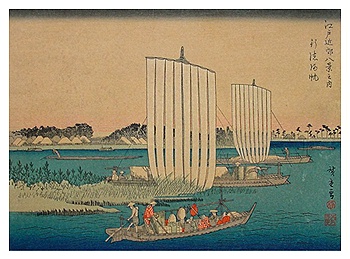 ANTIEKE KLEUREN HOUTSNEDE ZEILSCHIP  - HIROSHIGE -