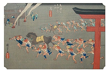 ANTIEKE KLEUREN HOUTSNEDE WEDLOOP - HIROSHIGE -