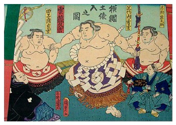 ANTIEKE KLEUREN HOUTSNEDE  SUMO / SAMURAI - KUNISADA -