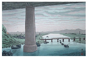 HOUTSNEDE BRUG OVER DE EDO RIVIER  - GIHACHIRO -