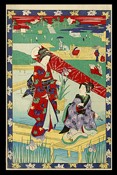 Unknown Artist - Beauties Cutting Irises - Rickshaw On Bridge - Yokohama-e - c.1880.