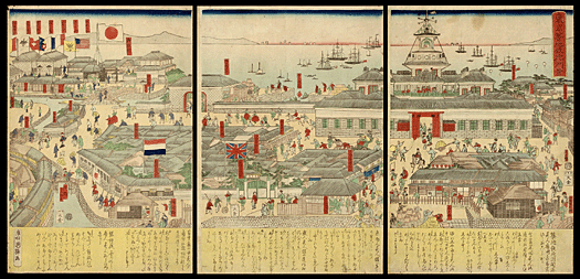 Rare Utagawa Kuniteru - Yokohama-e Triptych - View Of Tsukiji Teppozu, Tokyo - c.1860s.