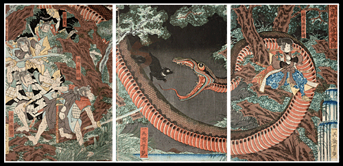 Yoshitsuya Triptych Masterpiece - Minamoto Yorimitsu - Gian Serpent - Magician.