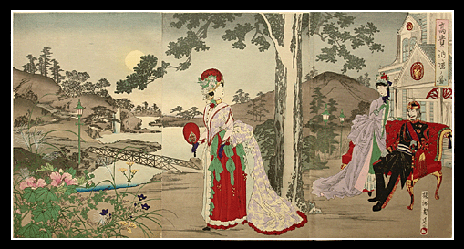 Famous Beauty Triptych – Chikanobu – The Emperor Meiji – Cool Evening – 1887.