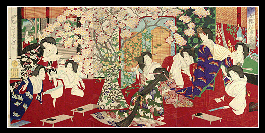 Tsukioka Yoshitoshi - Triptych - Court Ladies Under Cherry Blossom - c.1880.