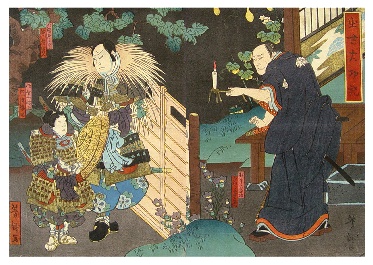 ORIGINELE HOUTSNEDE ( DIPTIEK ) SAMURAI'S.