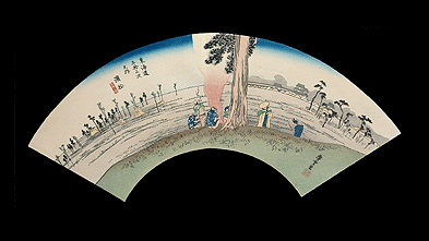 Rare Meiji Period Fan Print – Hiroshige – 53 Stations Of The Tokaido Road – Hamamatsu.