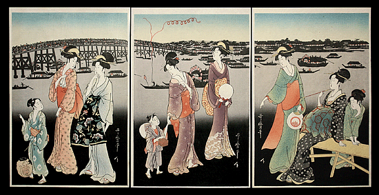 Utamaro Masterpiece – Oban Triptych – Fireworks.