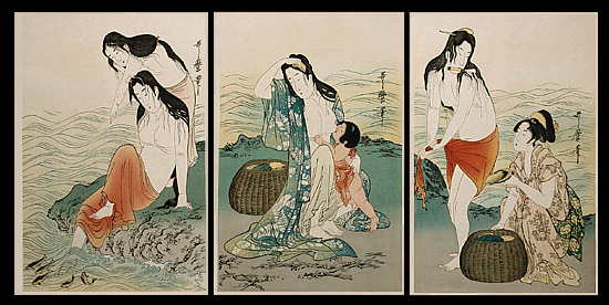 Utamaro Masterpiece – Oban Triptych – Awabi ( Ear Shell ) Fishing.