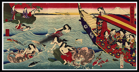 Toyohara Chikanobu  ( 1838-1912 ) - Famous Beauty Triptych – Ama Divers And Octopi – Court Ladies - c.1880.
