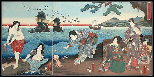 Wonderful Beauty Triptych – Abalone Divers At The Sea Shore – Octopus – Toyokuni III – c.1857.