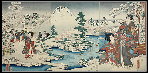 Well-Known Beauty Triptych – Genji At Snowy Garden – Hiroshige II & Toyokuni III – c.1859.