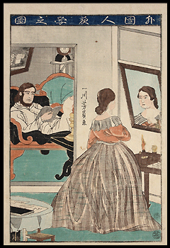 Yokohama-e – Western Woman In Front Of Mirror – Yoshikazu – c.1860.