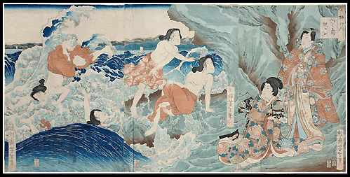Fantastic Yoshitoshi Triptych – Abalone Divers Jumping Into The Waves – Prince Genji – c.1864.