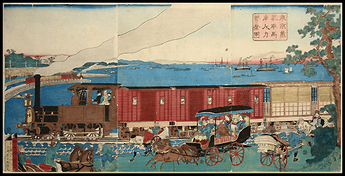 Meisho-e – Steam Train With Passenger Cars – Kuniteru II – c.1870.