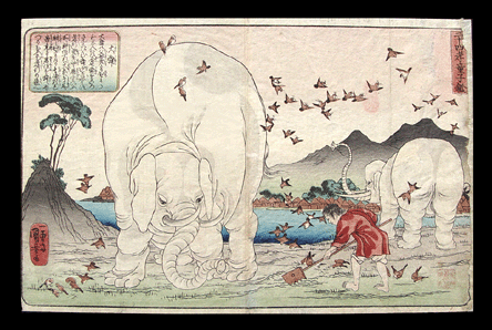 Very Rare Original Woodblock Kuniyoshi Elephants 1840.