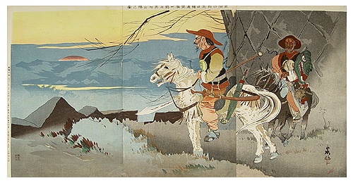 Original Woodblock Triptych -Warrior Horsemen.
