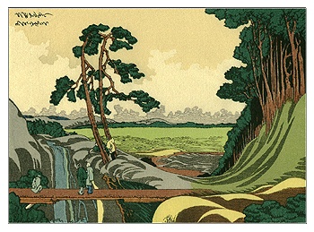 Kleuren Houtsnede Hokusai - Brug bij Waterval.