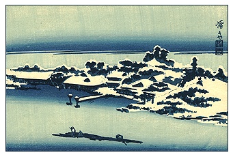Kleuren Houtsnede Eisen - Sneeuw Landschap in Blauwdruk.