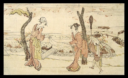 Surimono - Hokusai - c.1810  Two Women and a Boy.