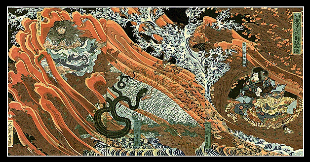 Yoshitsuya - 1860. Warrior Triptych Masterpiece ' Contest of Magic '