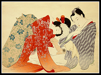 Excellent Meiji Shunga Oban Ikeda Terukata - Samurai & Geisha.