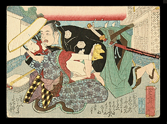 Utagawa School - Assault By Samurai - Musician - c.1850 - Shunga.