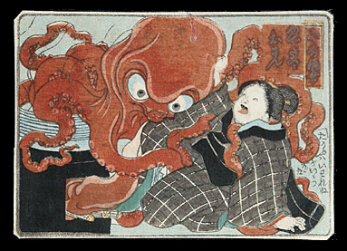 Shunga - Utagawa School - Angry Octopus Assaults Desperate Housewife - c.1840.