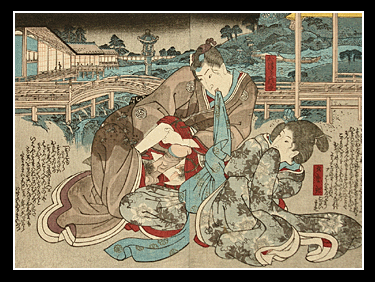 Kunisada - Shunga - Open Air - Footbridge - Aristocratic Couple - c.1850.