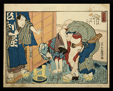 Shunga - Kuniyoshi – Old Bald Man With Cleaning Lady - c.1830.