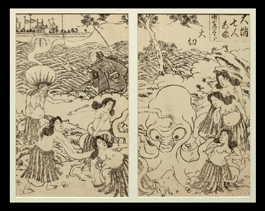 Rare Design - Utagawa School –Octopus And Awabi Divers - c.1850.