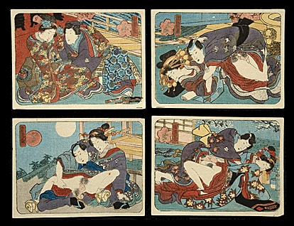 Shunga – Rare Complete Koban Set Of 12 – Kunisada- c.1840.