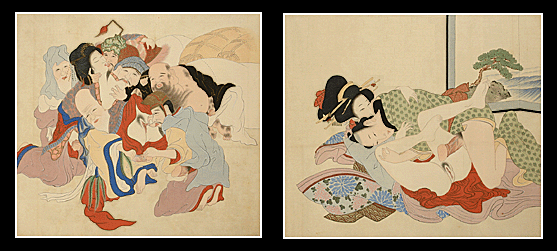 Two Unique Erotic Scroll Paintings – Shunga Makimono – Intimate Couple – Seven Lucky Gods Having An Orgy – c.1910s.
