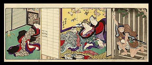 Shunga – Kuniyoshi School – Drinking Sake - Peeking Samurai – Masturbating Woman - c.1860.