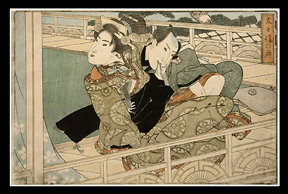 Very Rare Shunga – Couple On Verandah – Important Utagawa School Design - c.1833.