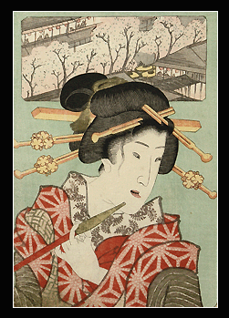 Okubi-e - Close-up Courtesan Smoking Pipe – Town In Spring - Utagawa Kuniyoshi - c.1840.