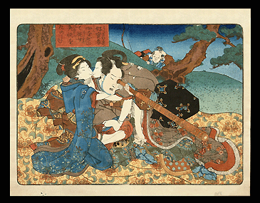 Kunisada – Eight Dog Heroes – Lesbian – General Making Love With Two Servants - c.1837.