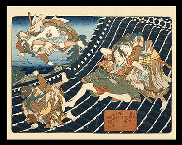 Kunisada – Eight Dog Heroes – Samurai Battling Three Female Samurai – c.1837.