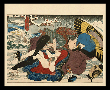 Shunga – Dynamic Encounter In Snow – Famous Keisai Eisen Design - c.1838.