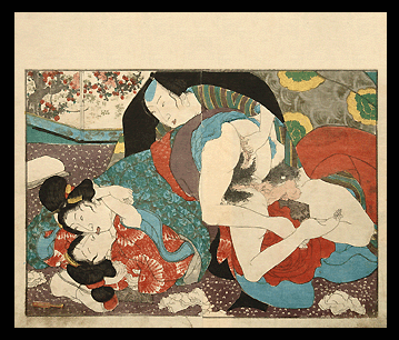 Very Rare Shunga – Utagawa Kunimaru Threesome With Lesbian Couple – c.1853.
