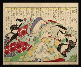 Utagawa School Shunga – Under The Blankets – Two Threesomes – c.1850.