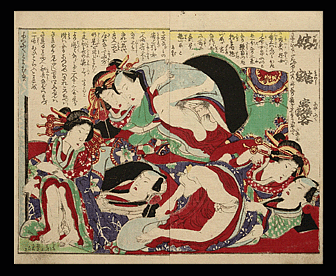 Utagawa School Shunga – Three Courtesans And Clients – c.1850.