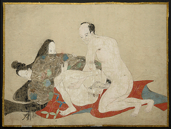 Rare Primitive Shunga Painting – Older Aristocratic Man With Two Ladies – c.1650.