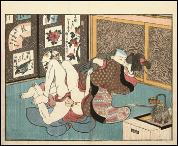 Shunga – Keisai Eisen – Woodblock Prints On The Wall – c.1839.