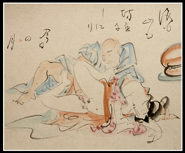 Unique Shunga Painting – Bald-Headed Man – c.1900 – Kyôsai School.