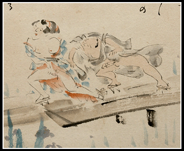 Unique Shunga Painting – Lovers On A Bridge – c.1900 – Kyôsai School.