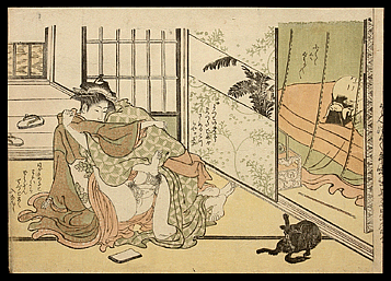 Beautiful Shunga – Masanobu – Cuckold Woman With Lover - Old Man Behind Mosquito-Net – c.1785 